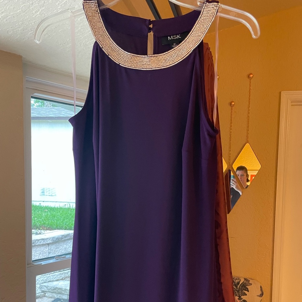 MSK purple jersey knit dress with sequined detail around the neck, size M